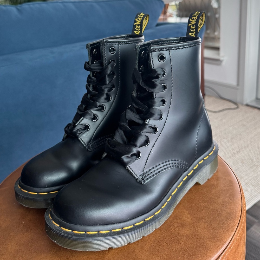 Dr. Martens Black 1460 Smooth Leather Lace Up Boots-Ribbon Laces